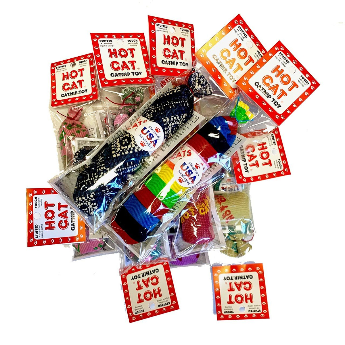 Colorful Sausage shaped toys filled with catnip, packaged in clear cellophane with cardboard tag.