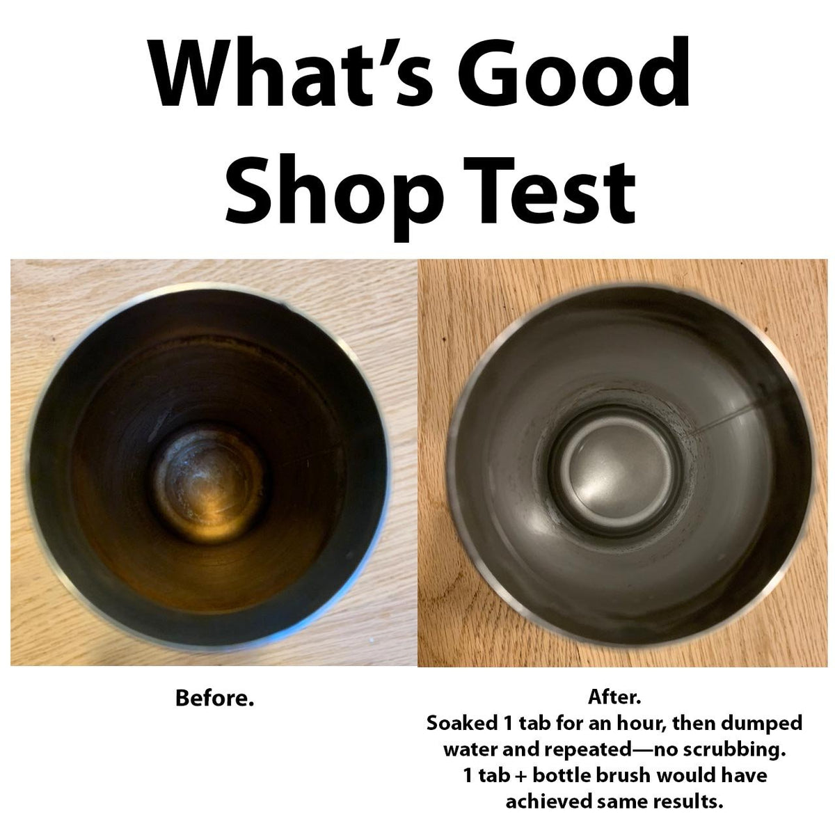 before (dirty) and after (clean) photos of metal cup