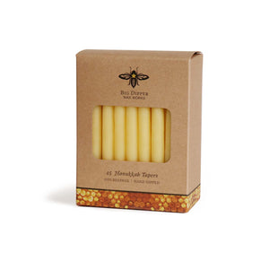 cardboard pack of 45 natural wax colored Hanukkah tapered beeswax candles,