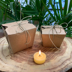 Set of 6 or 12  tea lights without metal or poly cups, just naked. . naturally colored and aromatic, infused with the sweet, subtle scent of honey. They arrive in kraft paper 'Chinese take out' packages.
