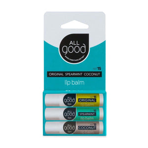 Package of three All Good lip balms, original, spearmint and coconut