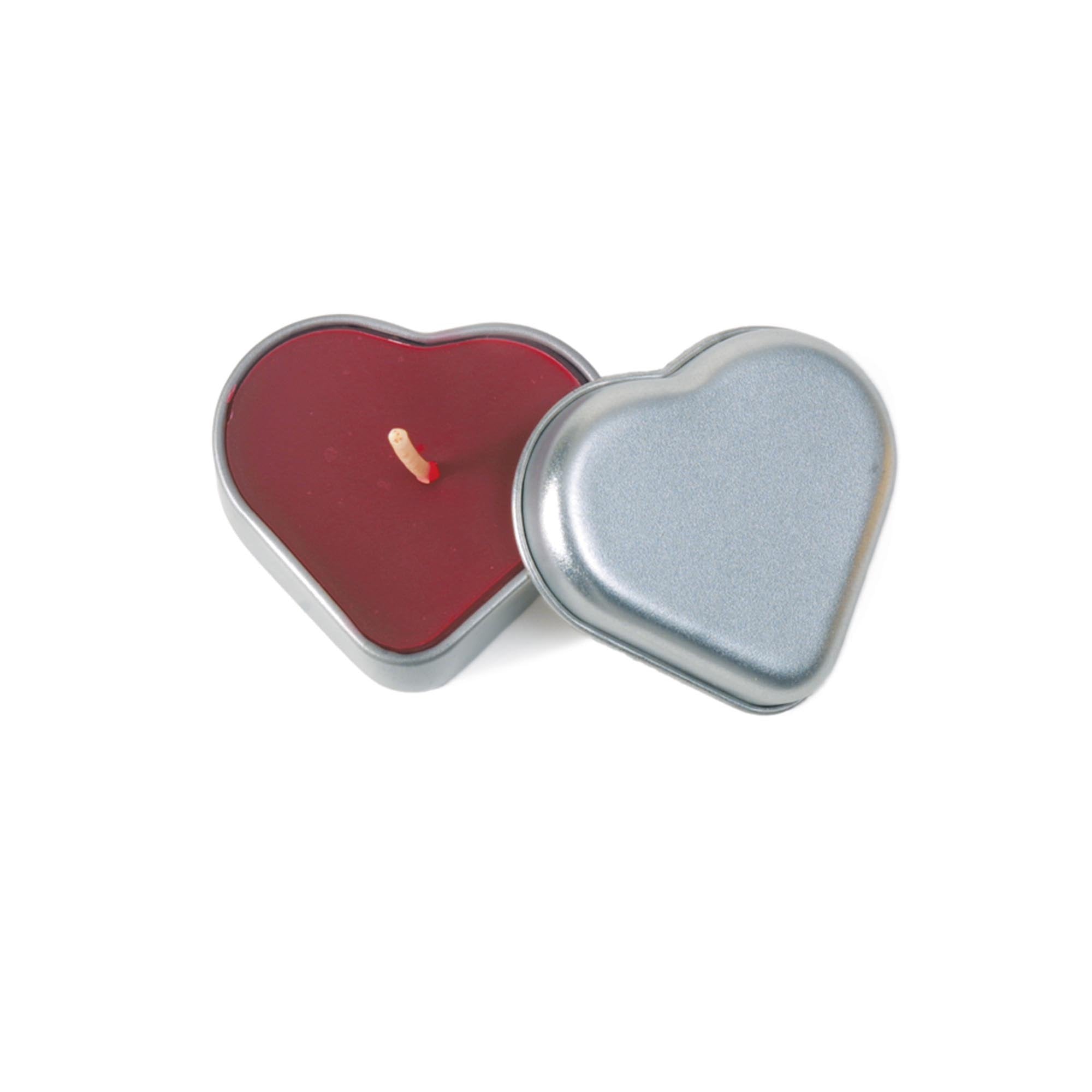 100% Pure Beeswax Heart Candle Tin, heart shaped candle with lid off exposing ruby red wax, and white cotton wick