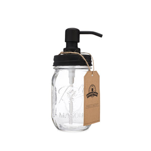 black pump dispenser lid and straw attached to clear mason jar