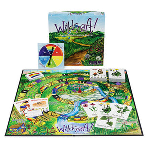 wild craft box on display with game pieces, cards, and game board, illustrated vibrantly with nature themes.