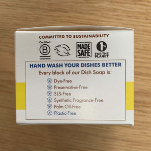 meliora lemon dish soap package with sustainability seals