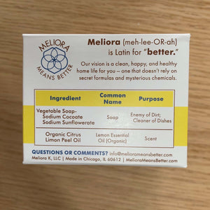 meliora lemon dish soap package with full ingredients list and purpose