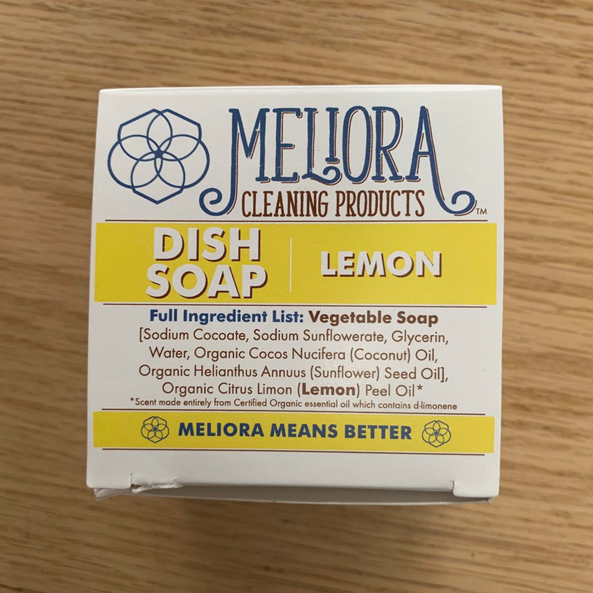 meliora lemon dish soap package with full ingredients list