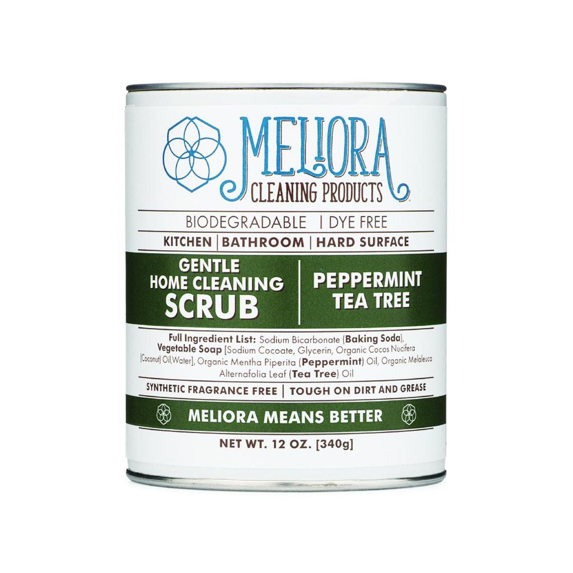 12 oz meliora cleaning scrub can, peppermint tea tree green