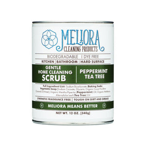 12 oz meliora cleaning scrub can, peppermint tea tree green