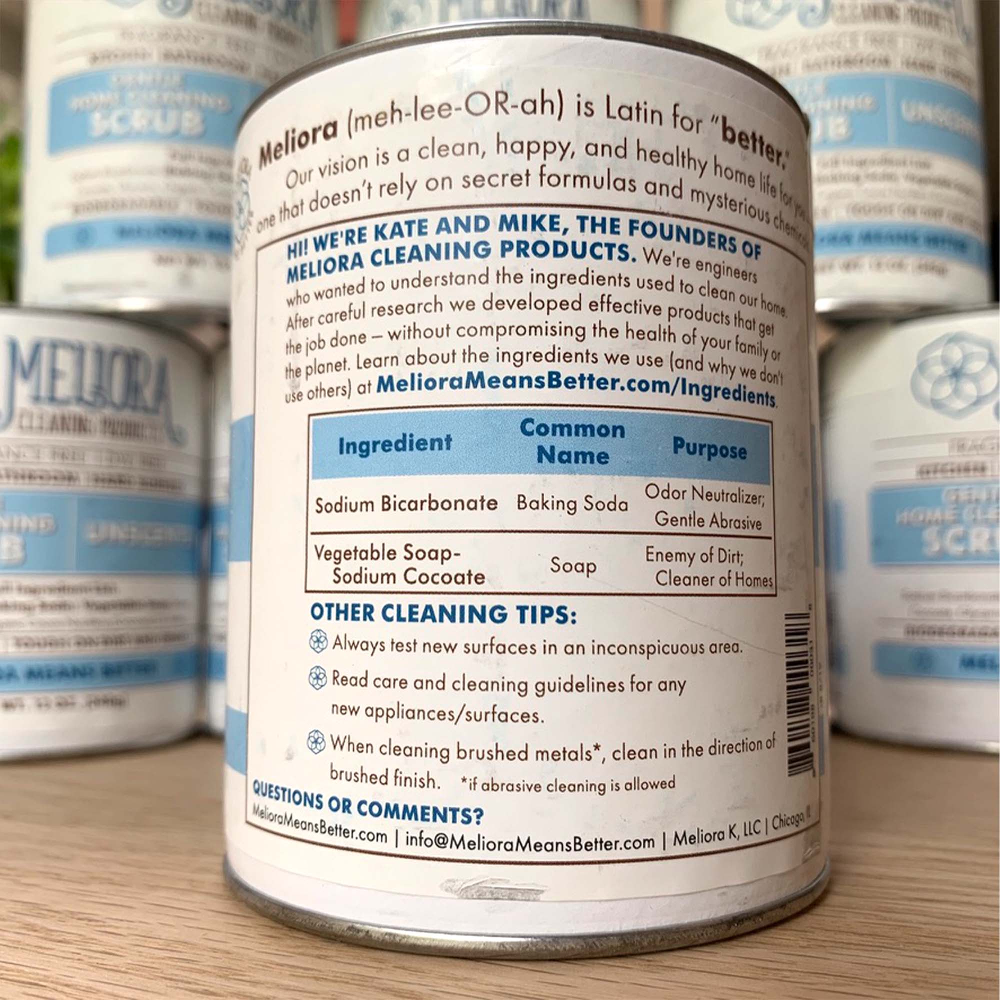 12 oz meliora cleaning scrub can, blue and white, reverse side with ingredients and instructions