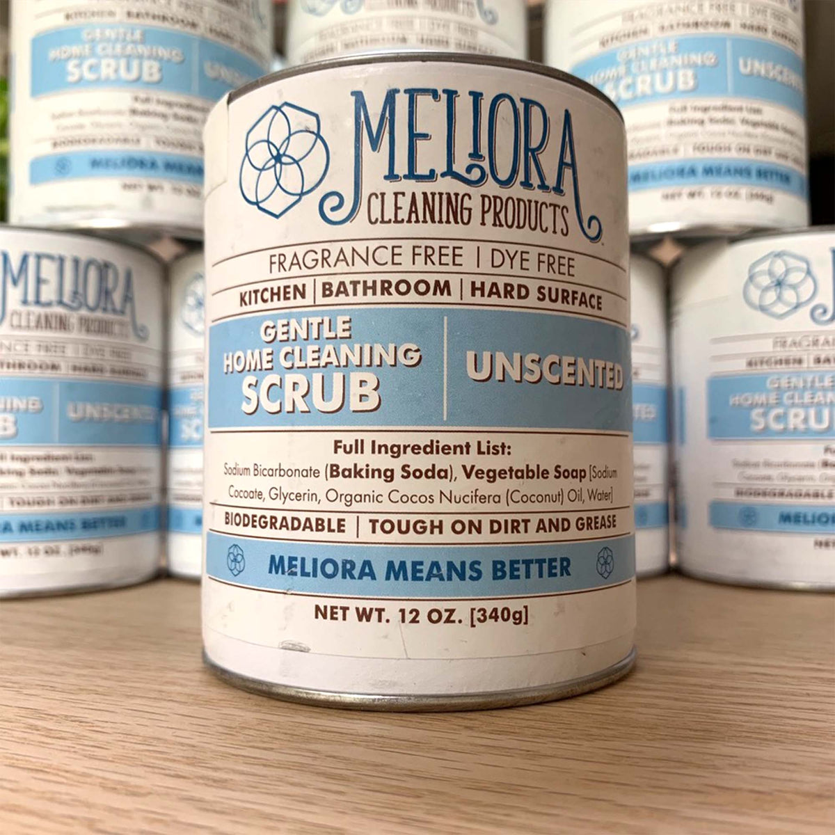 12 oz meliora cleaning scrub can, blue and white