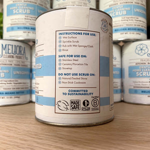 12 oz meliora cleaning scrub can, blue and white, reverse side with instructions and sustainability seals