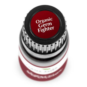 birds eye view of 10 ml black bottle with red label. reads "organic germ fighter"