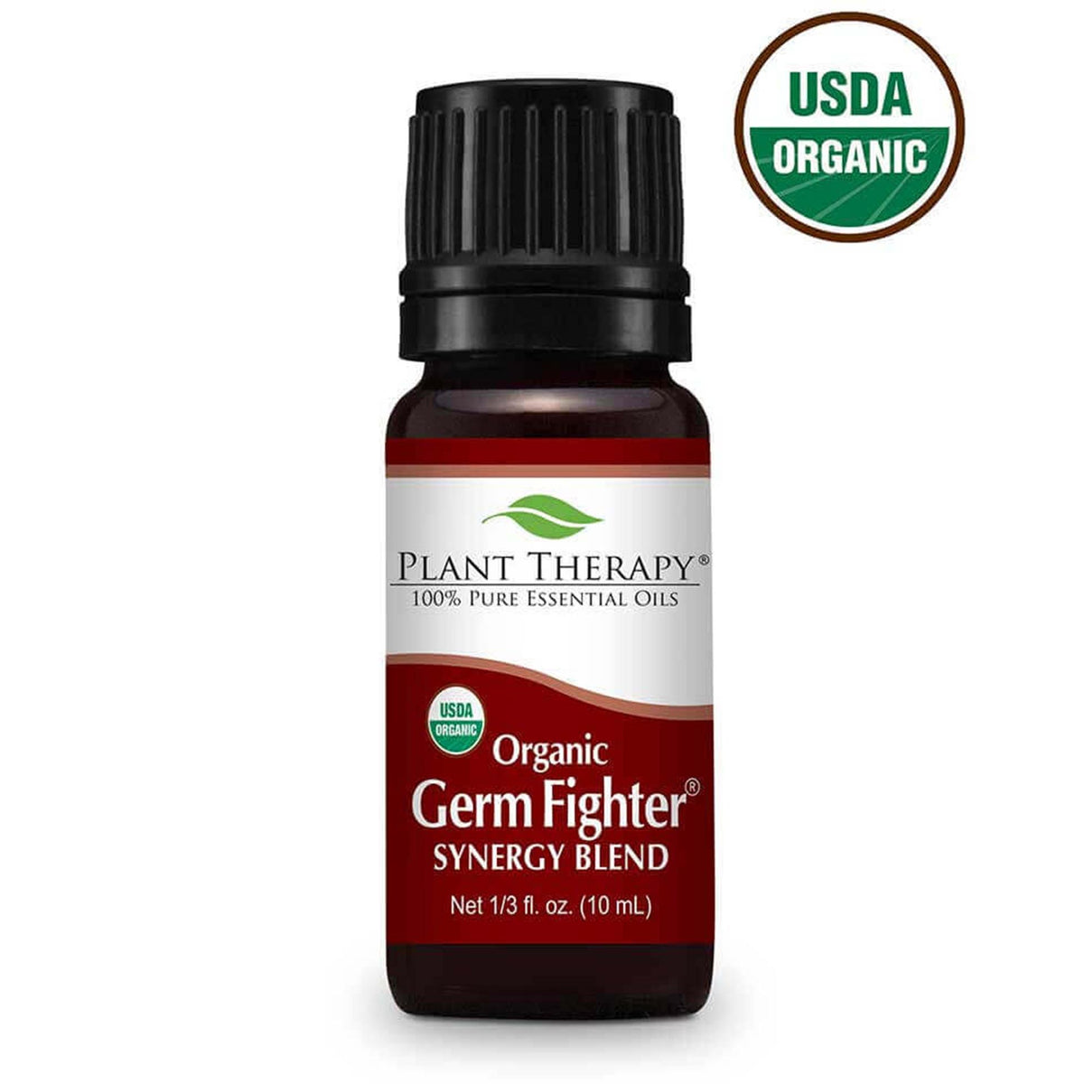 10 ml black bottle with red label, organic germ fighter synergy blend, usda organic seal