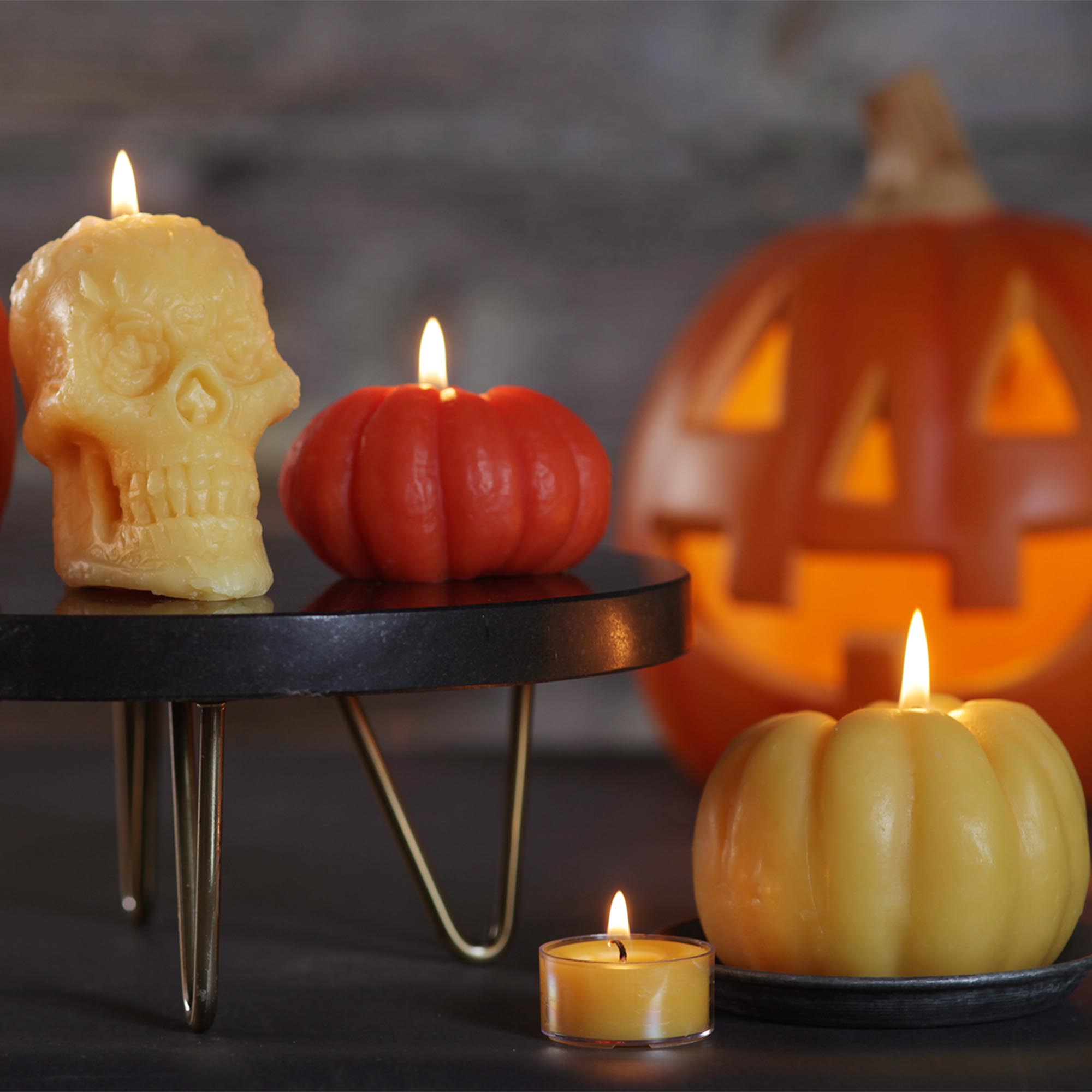 Halloween and pumpkin candles displayed together, lit up. Jackolantern in background