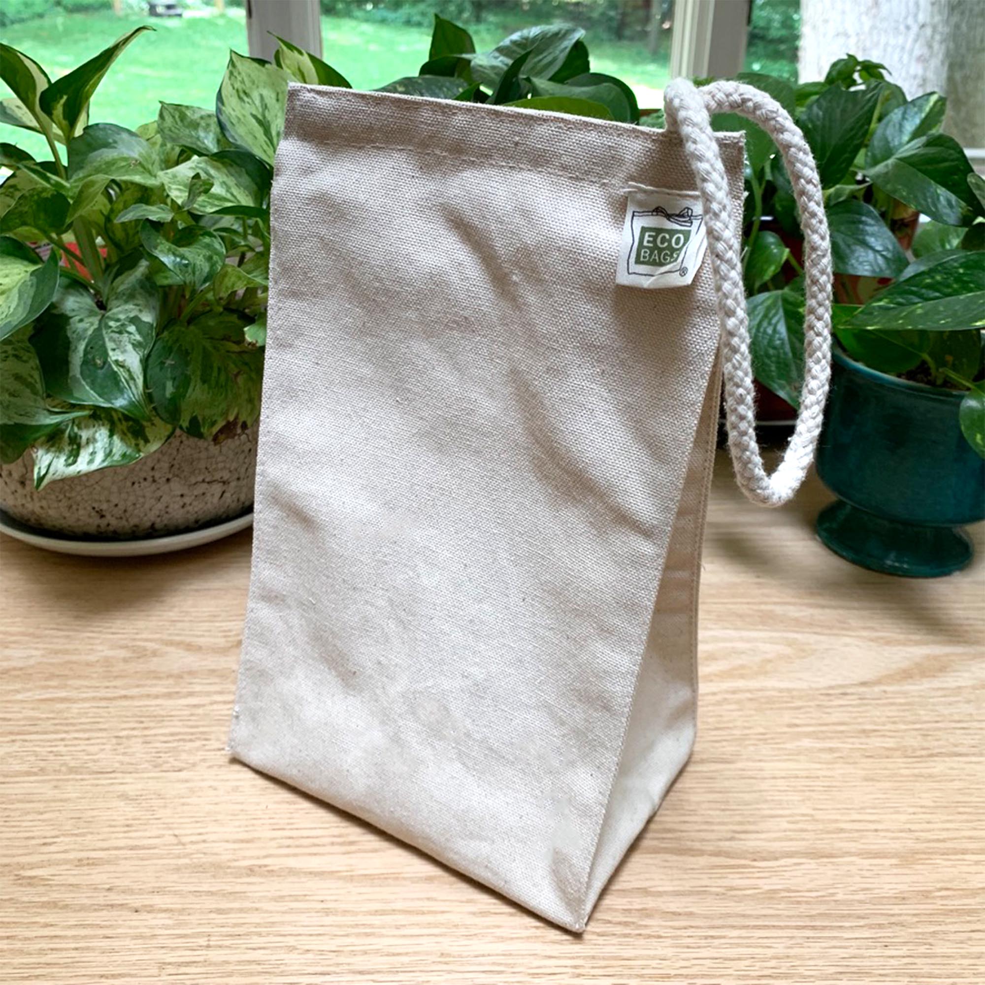 Light beige cotton lunch bag with rope handle, on a table with plants in the background