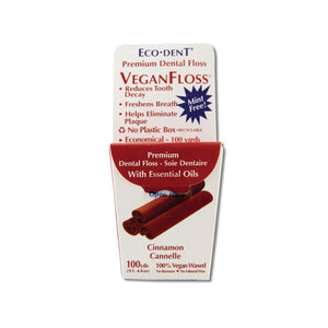 Eco Dent GentleFloss® blue and white package. 100 yards of vegan waxed dental floss. cinnamon