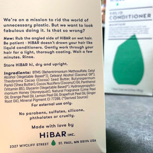 backside of conditioner package, shows HiBAR mission statement, directions, and ingredients