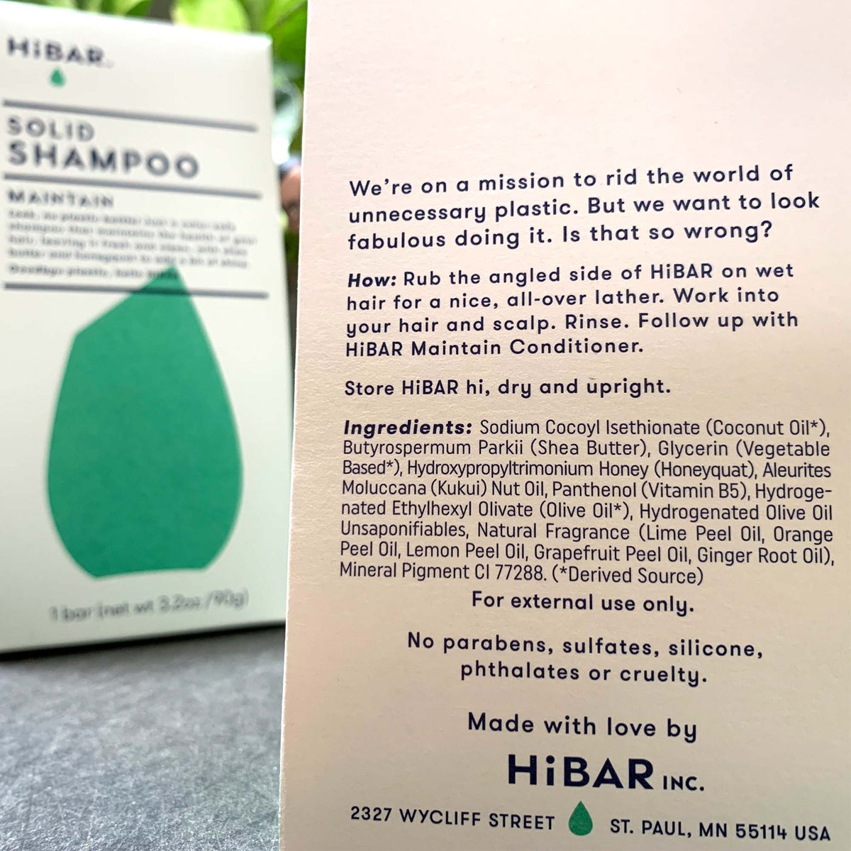 backside of shampoo package, shows HiBAR mission statement, directions, and ingredients