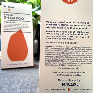backside of orange shampoo package, shows HiBAR mission statement, directions, and ingredients