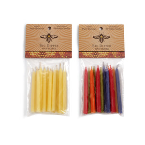 packaged natural colored beeswax candles on the left, multicolored pack of beeswax candles on the right
