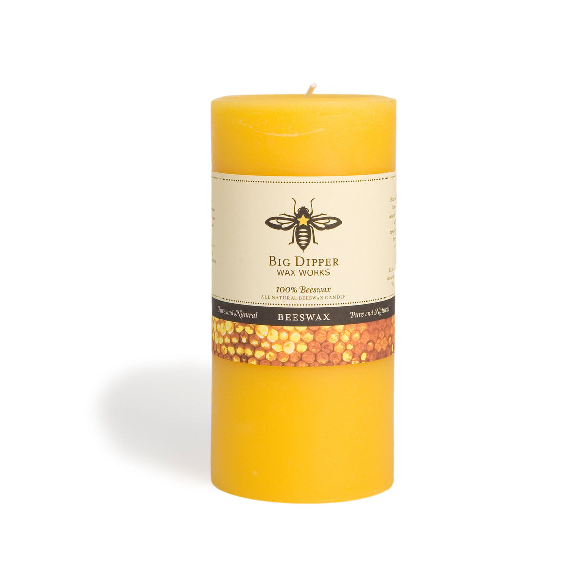 100% Pure Beeswax Heart Candle with big dipper logo. golden, tall skinny