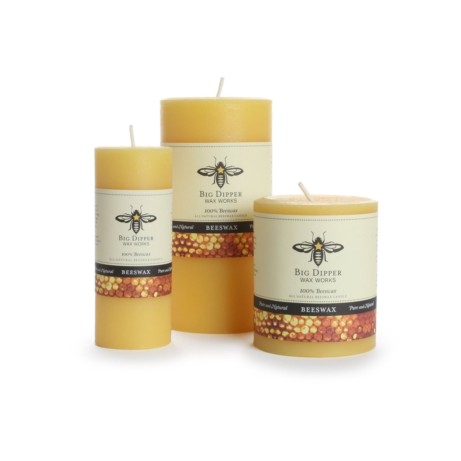 three 100% Pure Beeswax Candles of different heights and widths with text indicating different sizes. golden honey color with big dipper wax works logo displayed on the front