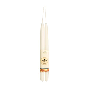 pair of ivory colored long taper candles, hung from the wick, wrapped in big dipper logo