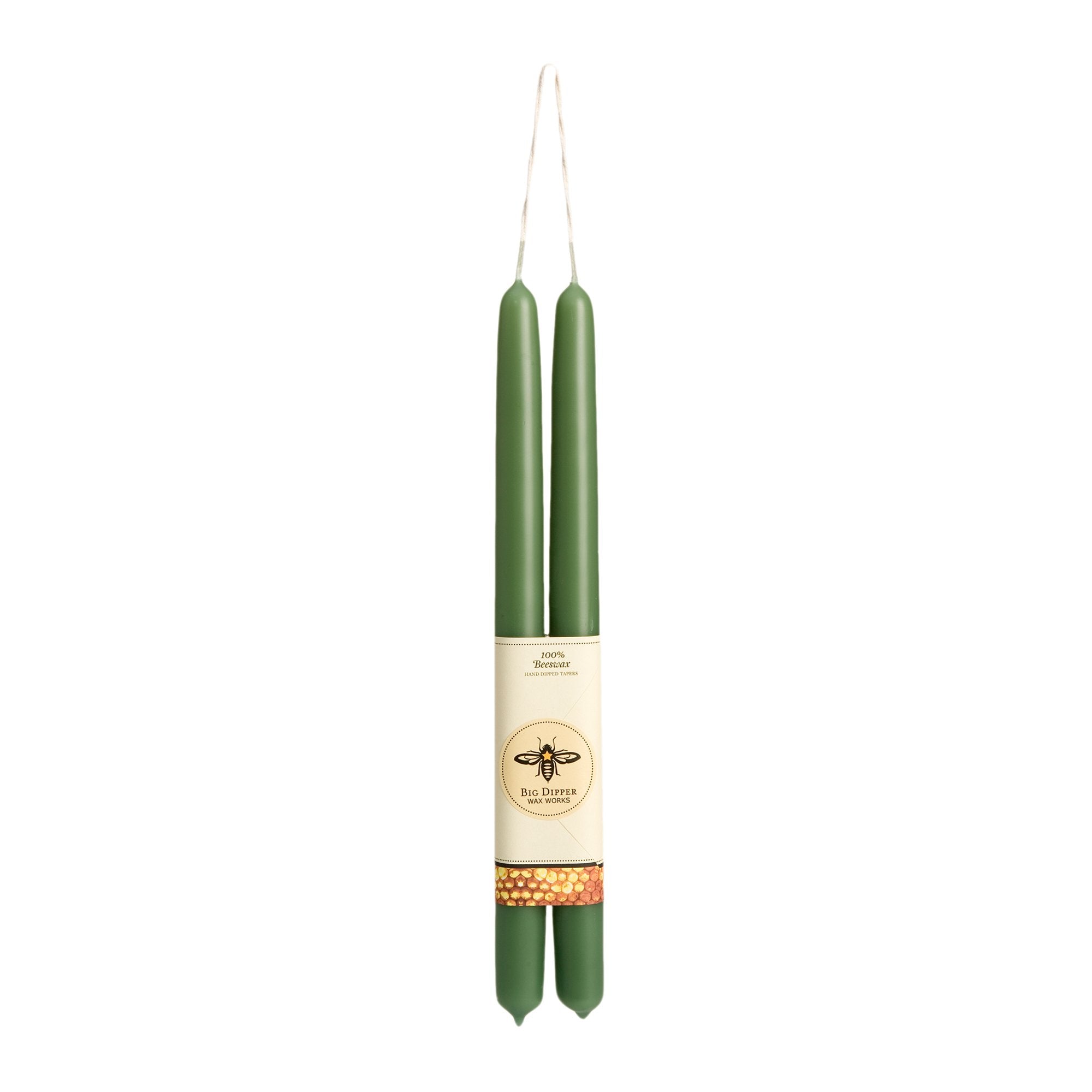 pair of moss colored long taper candles, hung from the wick, wrapped in big dipper logo