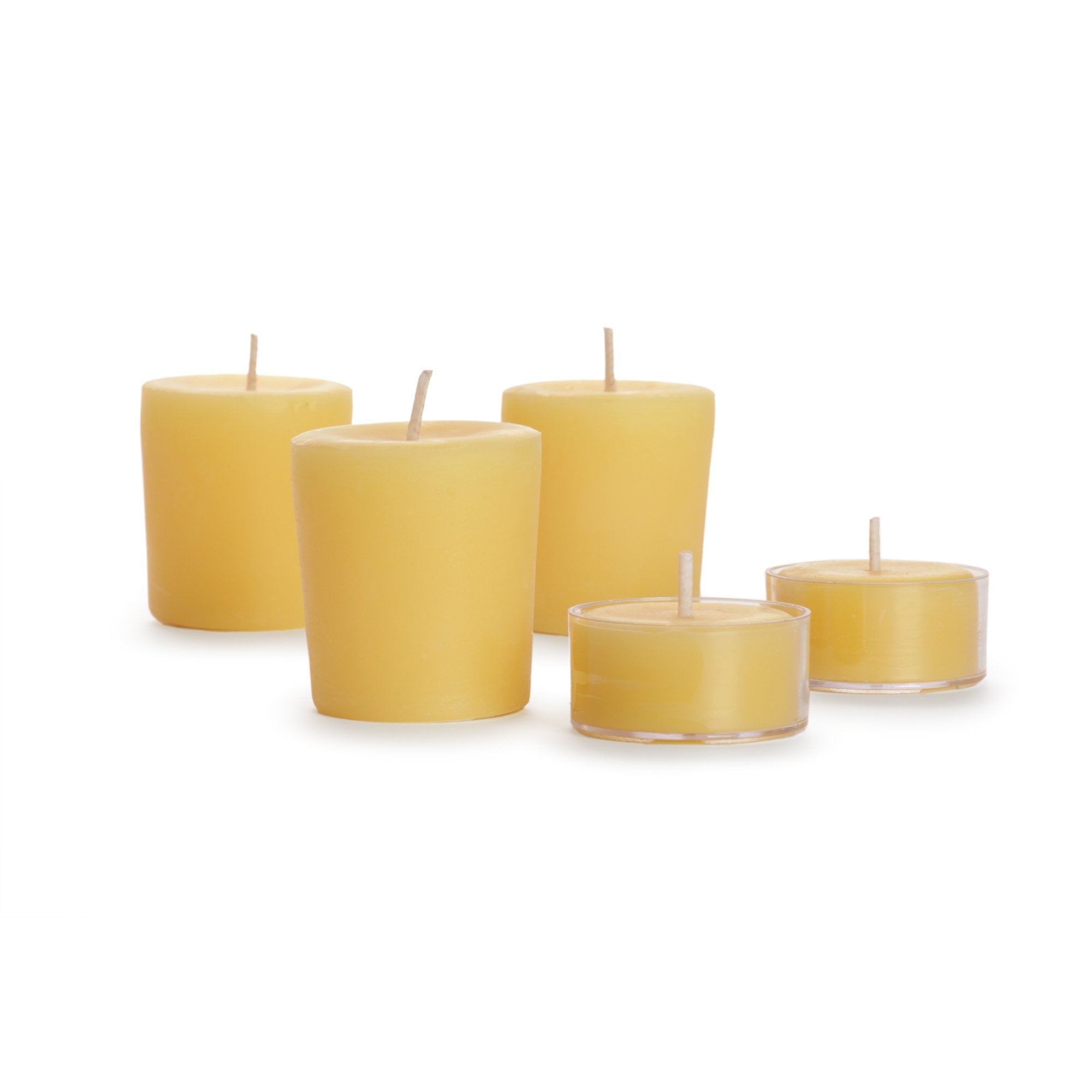 Set of 5 glass tea lights. various shapes, naturally colored and aromatic, infused with the sweet, subtle scent of honey. 