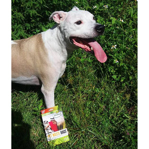 happy dog outdoors with tongue out, standing on the pet waste bags packaging