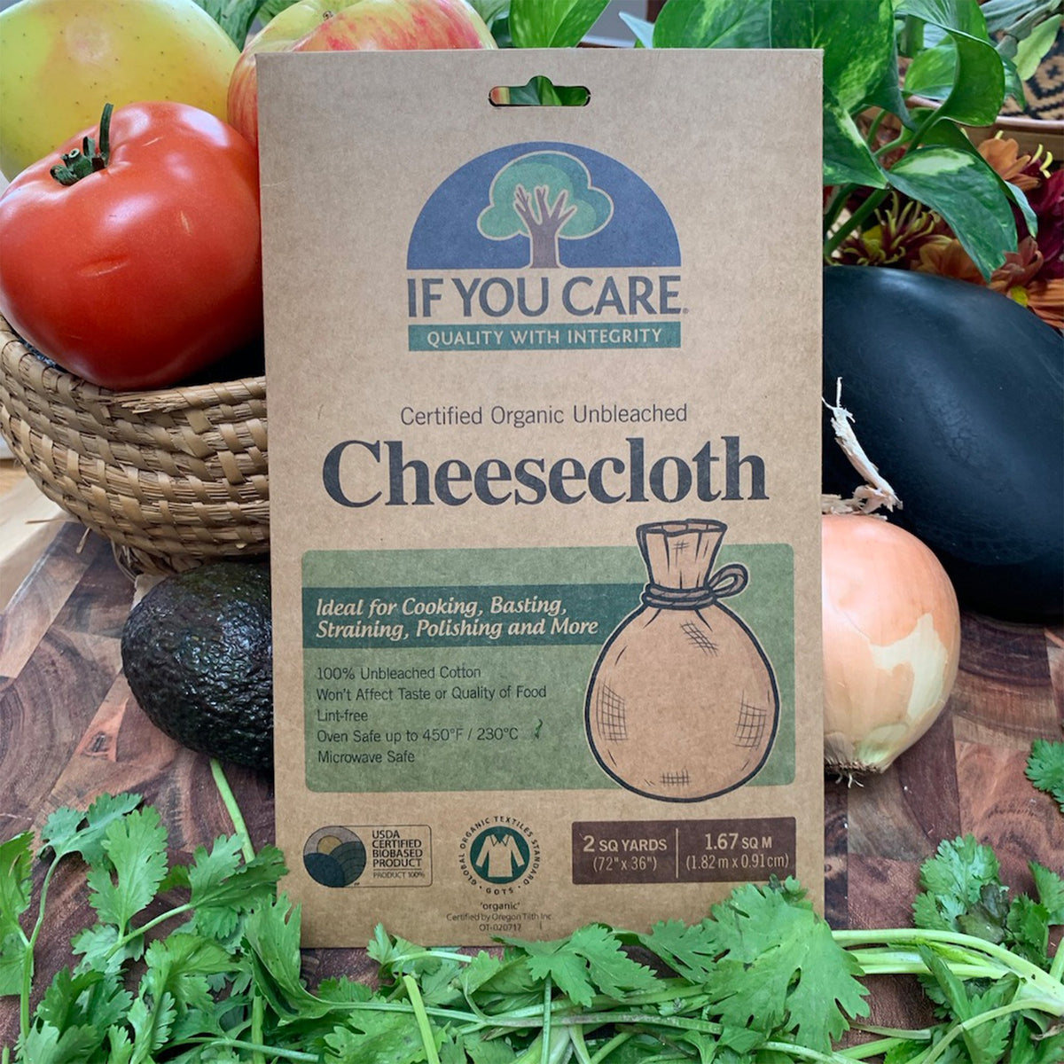 cheese cloth in package, 2 square yards (72&quot;x 36&quot;), displayed in front of a variety of vegetables