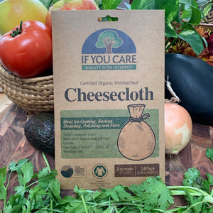 cheese cloth in package, 2 square yards (72"x 36"), displayed in front of a variety of vegetables
