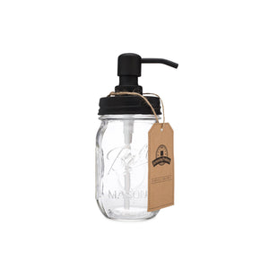 mason jar with black dispenser top lid and suction straw.