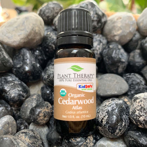 10 ml black bottle with brown label. organic cedar wood essential oil blend, placed on assorted rocks