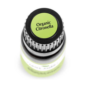 birds eye view of black bottle with green label. reads "organic citronella" 10 ml