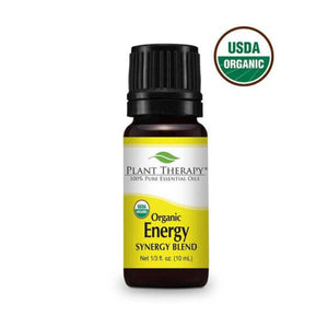 black bottle with yellow label. organic energy synergy essential oil blend 10 ml