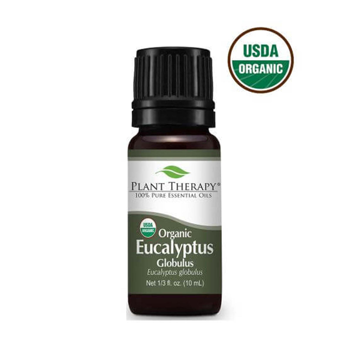 10 ml black bottle with dark green label. eucalyptus essential oil blend