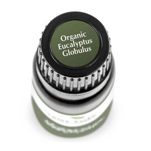 birds eye view of black bottle with dark green label. reads "organic eucalyptus globulus" 10 ml