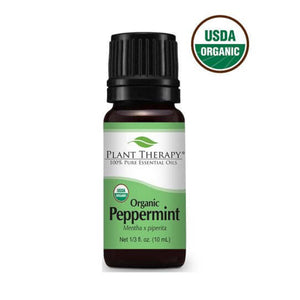 10 ml black bottle with green label. organic peppermint essential oil blend