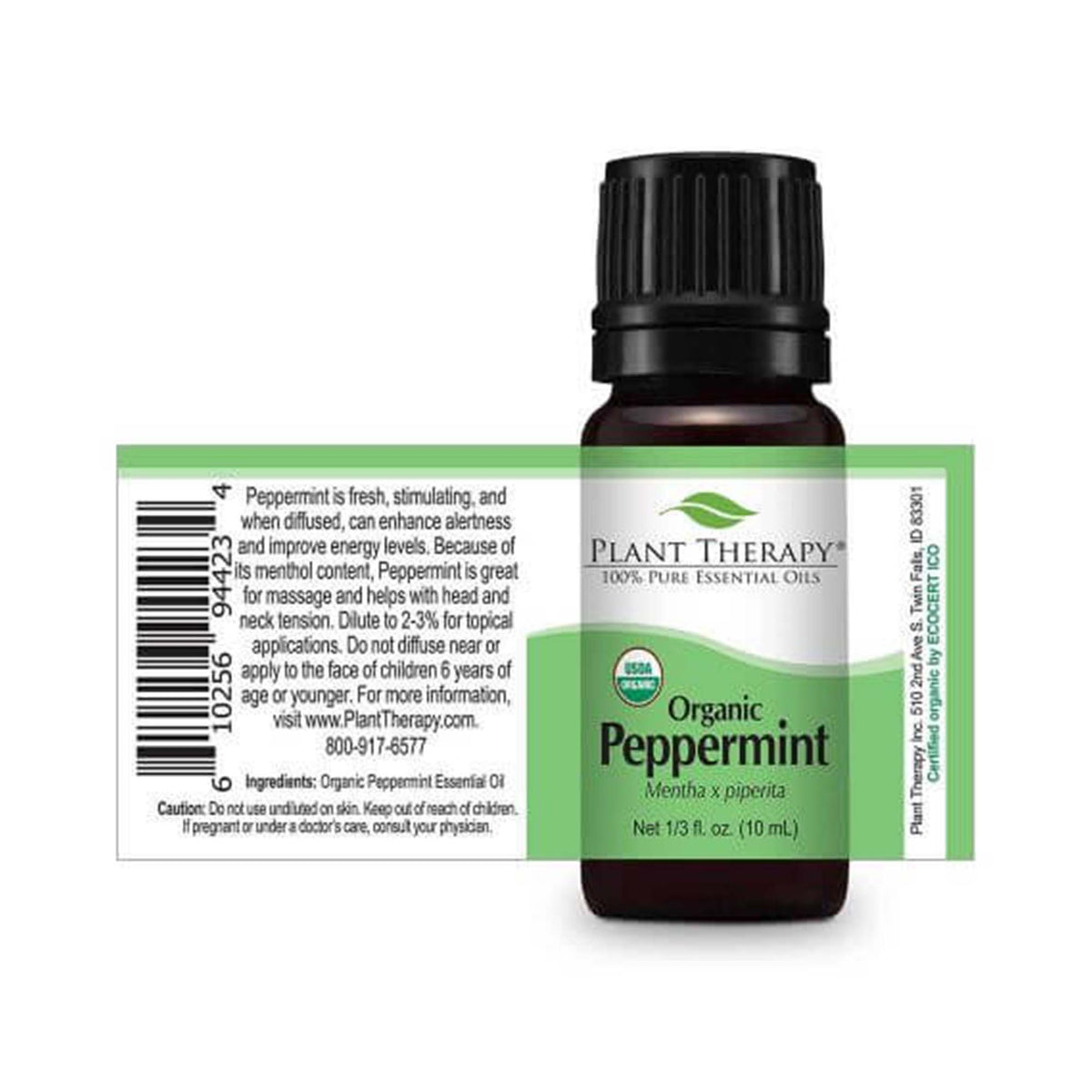 10 ml black bottle with label view of directions, ingredients and cautions visible