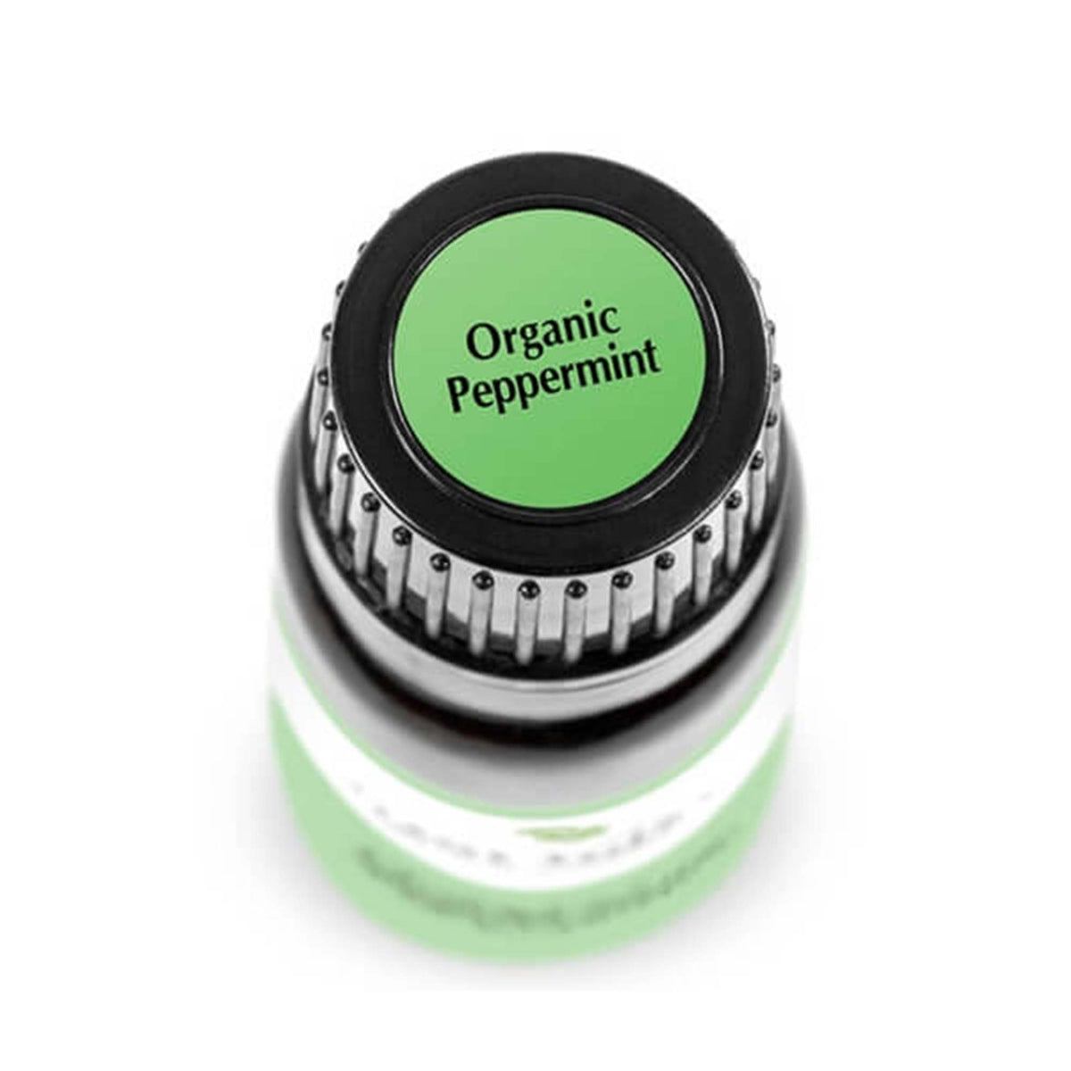 birds eye view of 10 ml black bottle with green label. reads &quot;organic peppermint&quot;