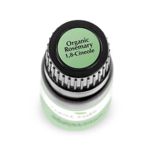 birds eye view of 10 ml black bottle with green label. reads "organic rosemary 1,8-cineole""