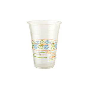 16 oz compostable clear cup with orange, blue, green design