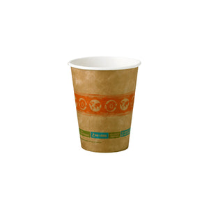 12 oz paper cup for hot beverage. brown with white rim and interior, orange design with blue and green