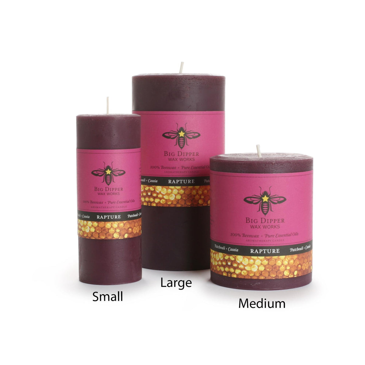 three 100% Pure Beeswax Candles of different heights and widths with text indicating different sizes. moody purple with big dipper wax works logo displayed on the front