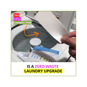 hand holding white laundry strip over washer machine, blue tru earth package below hand. text reads "this little laundry strip is a zero waste laundry upgrade