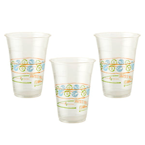 3, 16 oz compostable clear cup with orange, blue, green design