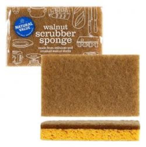 different views of walnut scrubber sponge. walnut colored brillo pad, and yellow sponge