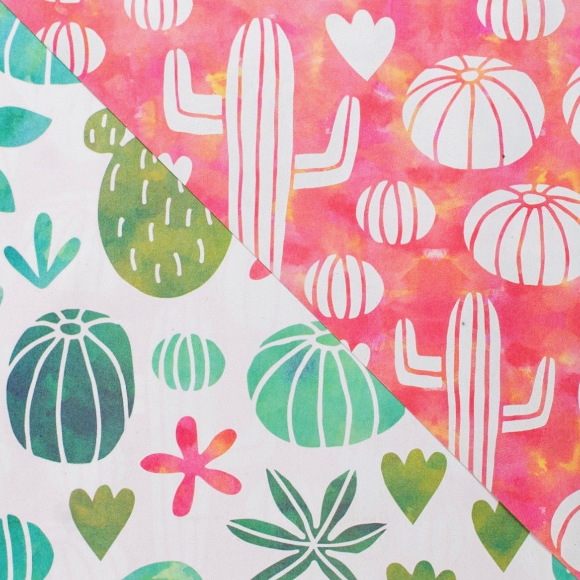 close up of red and green succulent design wrapping paper, reversible 